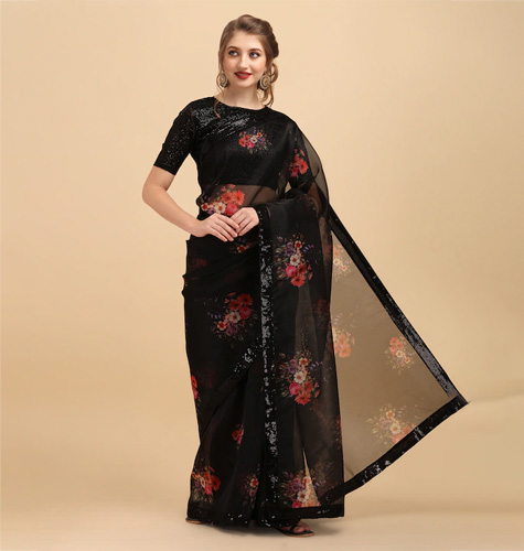 Black & Coral Floral Sequinned Organza Celebrity Saree